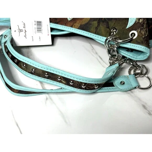 Heritage West Blue Green Camouflage Rhinestone Cross Western Double Strap Purse - Picture 11 of 13